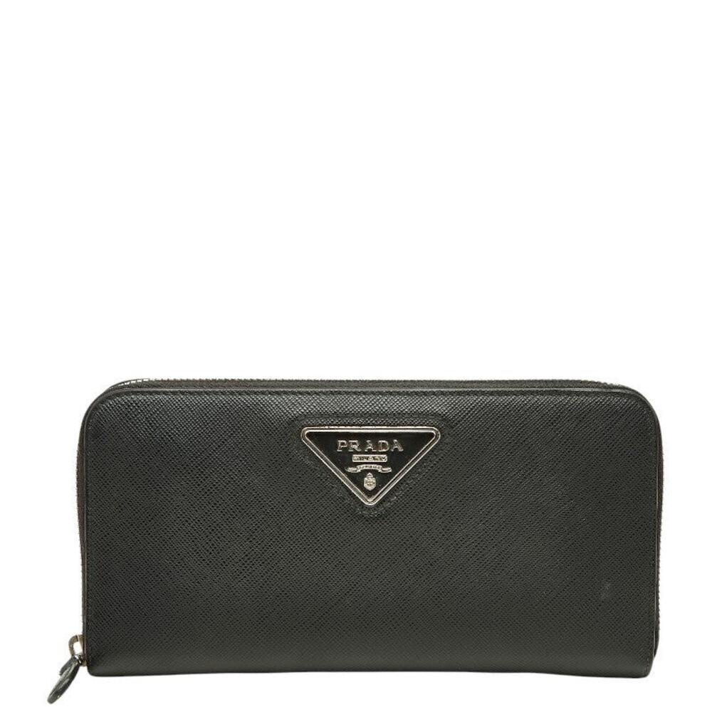 Prada Saffiano Triangle Logo Plate Round Zipper Long Wallet Nero Black
